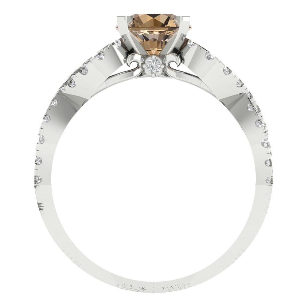 1.42 cttw Zirconia Simulated Champagne Diamond Solitaire with Zirconia Simulated Diamond Accents Engagement Ring - Solid White Gold (VVS1, Round Cut,6.5mm)