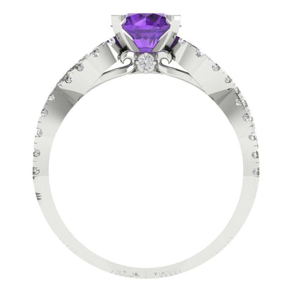 1.42 cttw Natural Amethyst Solitaire with Zirconia Simulated Diamond Accents Engagement Ring - Solid White Gold (VVS1, Round Cut,6.5mm)