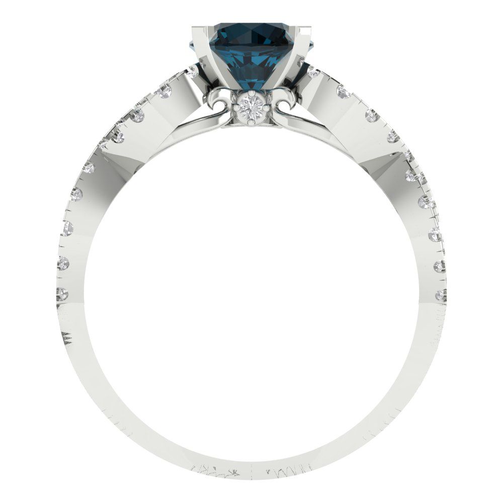 1.42 cttw Natural London Blue Topaz Solitaire with Zirconia Simulated Diamond Accents Engagement Ring - Solid White Gold (VVS1, Round Cut,6.5mm)