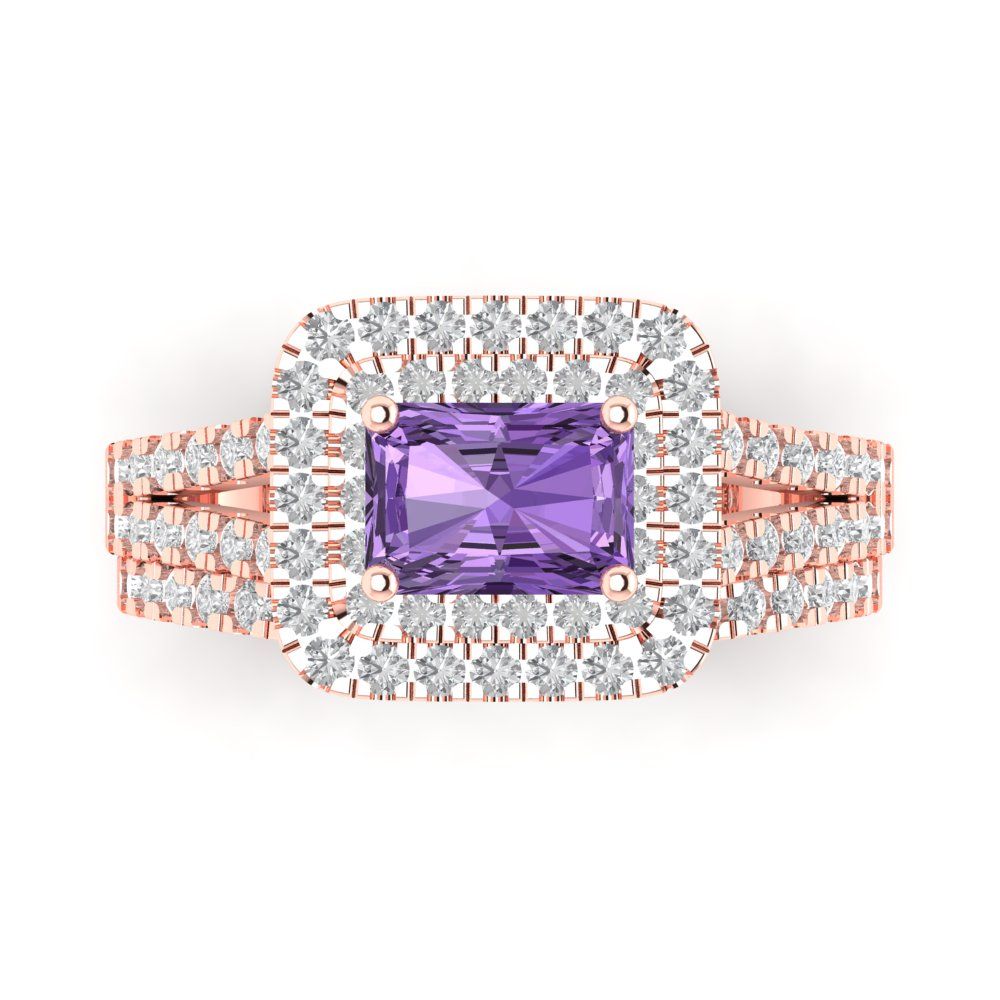 3.05 cttw Emerald Cut Simulated Alexandrite Bridal Set - Solid Rose Gold Engagement Ring & Wedding Band