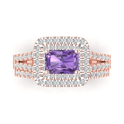 3.05 cttw Emerald Cut Simulated Alexandrite Bridal Set - Solid Rose Gold Engagement Ring & Wedding Band