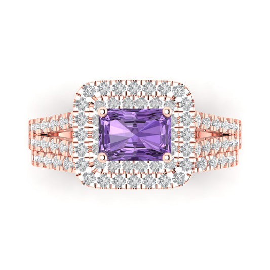 3.05 cttw Emerald Cut Simulated Alexandrite Bridal Set - Solid Rose Gold Engagement Ring & Wedding Band
