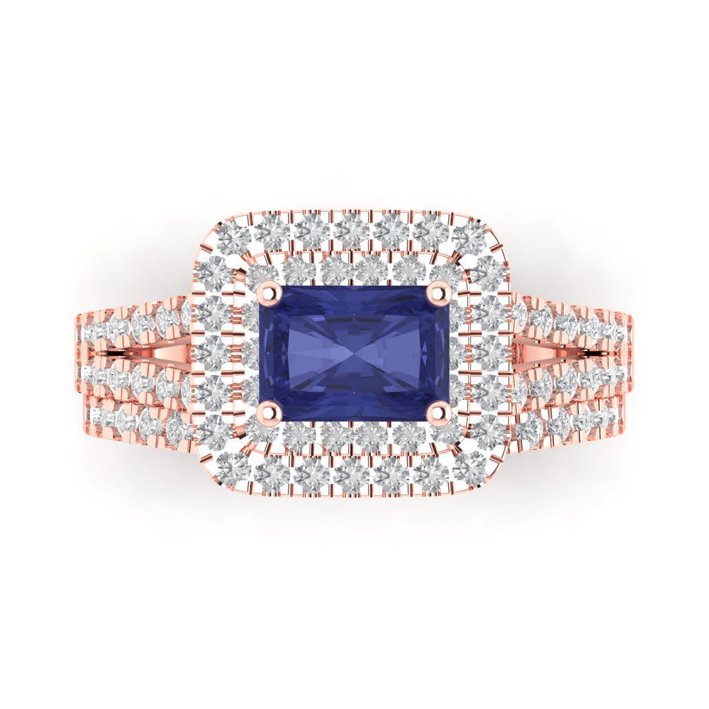 3.05 cttw Emerald Cut Simulated Tanzanite Bridal Set - Solid Rose Gold Engagement Ring & Wedding Band