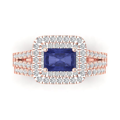 3.05 cttw Emerald Cut Simulated Tanzanite Bridal Set - Solid Rose Gold Engagement Ring & Wedding Band
