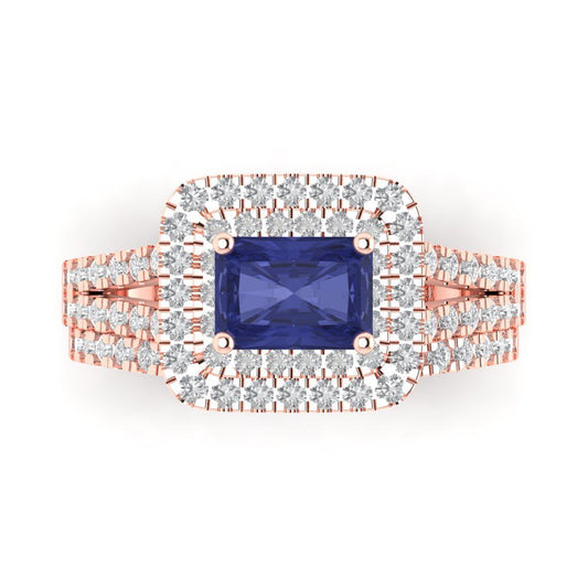 3.05 cttw Emerald Cut Simulated Tanzanite Bridal Set - Solid Rose Gold Engagement Ring & Wedding Band