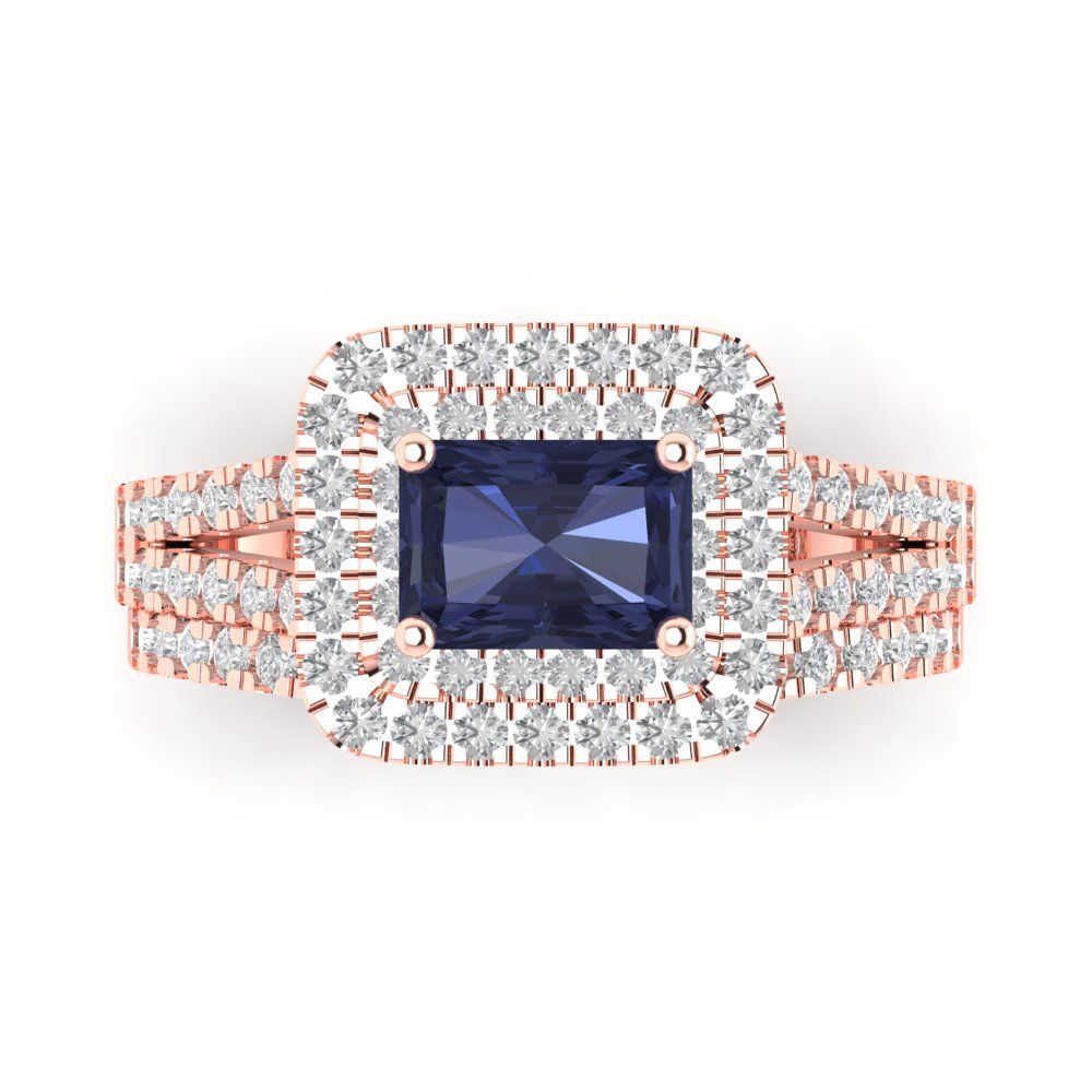 3.05 cttw Emerald Cut Simulated Blue Sapphire Bridal Set - Solid Rose Gold Engagement Ring & Wedding Band