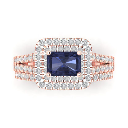 3.05 cttw Emerald Cut Simulated Blue Sapphire Bridal Set - Solid Rose Gold Engagement Ring & Wedding Band