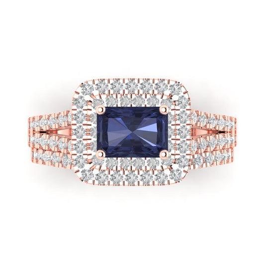 3.05 cttw Emerald Cut Simulated Blue Sapphire Bridal Set - Solid Rose Gold Engagement Ring & Wedding Band