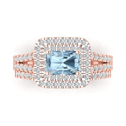 3.05 cttw Emerald Cut Natural Aquamarine Bridal Set - Solid Rose Gold Engagement Ring & Wedding Band