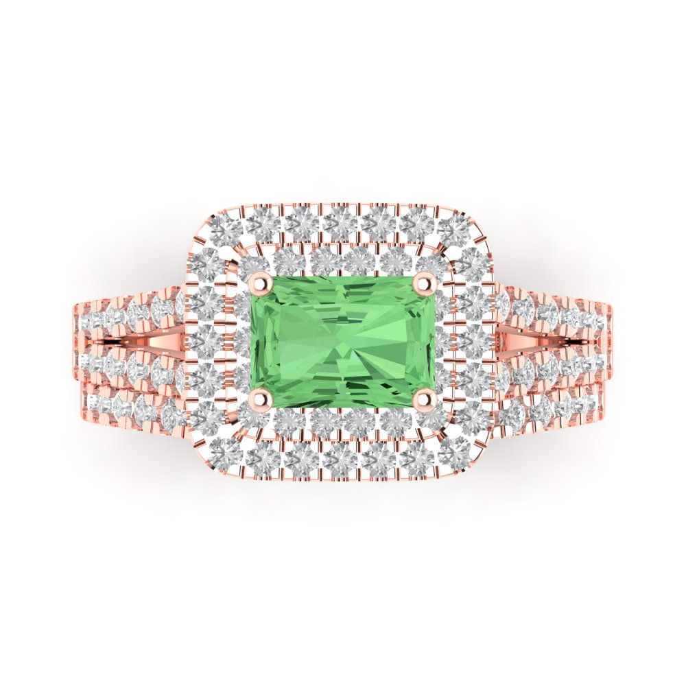 3.05 cttw Emerald Cut Simulated Green Diamond Bridal Set - Solid Rose Gold Engagement Ring & Wedding Band