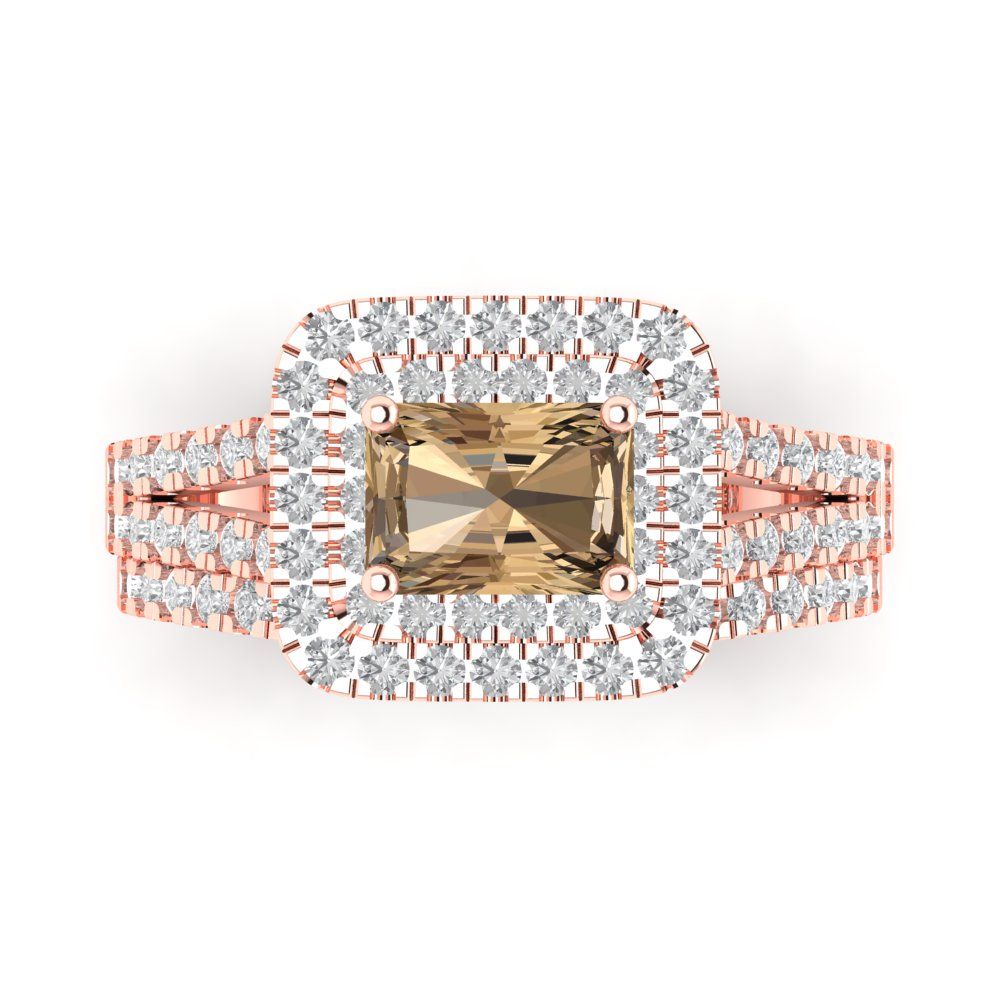 3.05 cttw Emerald Cut Simulated Champagne Diamond Bridal Set - Solid Rose Gold Engagement Ring & Wedding Band