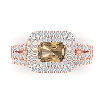 3.05 cttw Emerald Cut Simulated Champagne Diamond Bridal Set - Solid Rose Gold Engagement Ring & Wedding Band