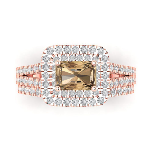 3.05 cttw Emerald Cut Simulated Champagne Diamond Bridal Set - Solid Rose Gold Engagement Ring & Wedding Band