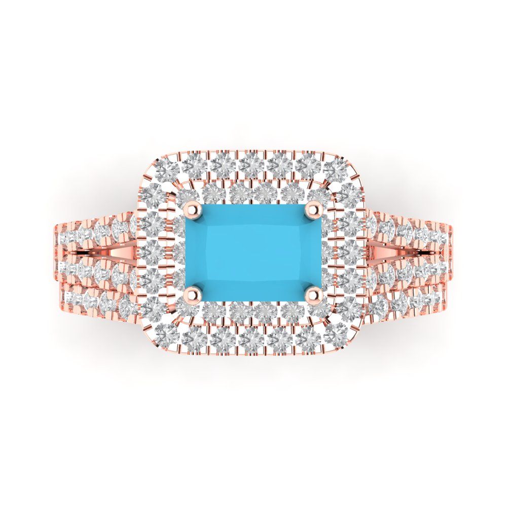 3.05 cttw Emerald Cut Simulated Turquoise Bridal Set - Solid Rose Gold Engagement Ring & Wedding Band