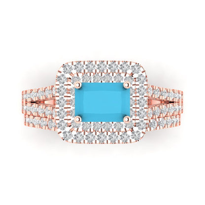 3.05 cttw Emerald Cut Simulated Turquoise Bridal Set - Solid Rose Gold Engagement Ring & Wedding Band