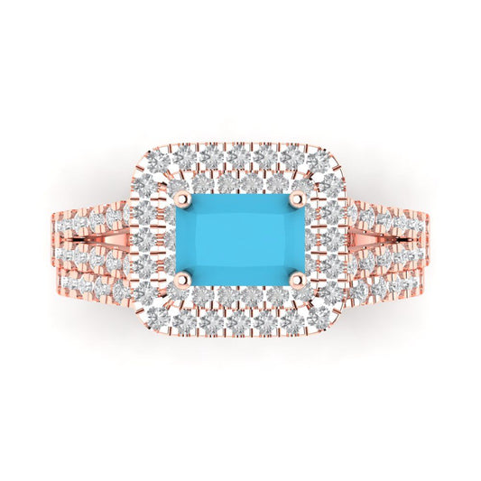 3.05 cttw Emerald Cut Simulated Turquoise Bridal Set - Solid Rose Gold Engagement Ring & Wedding Band