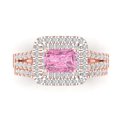 3.05 cttw Emerald Cut Simulated Pink Diamond Bridal Set - Solid Rose Gold Engagement Ring & Wedding Band