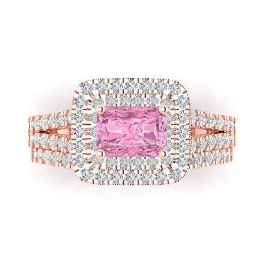3.05 cttw Emerald Cut Simulated Pink Diamond Bridal Set - Solid Rose Gold Engagement Ring & Wedding Band