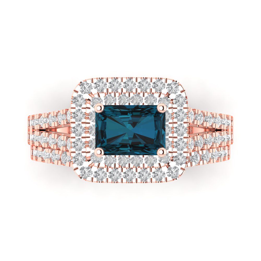 3.05 cttw Emerald Cut Natural London Blue Topaz Bridal Set - Solid Rose Gold Engagement Ring & Wedding Band