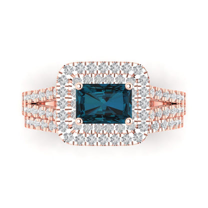 3.05 cttw Emerald Cut Natural London Blue Topaz Bridal Set - Solid Rose Gold Engagement Ring & Wedding Band