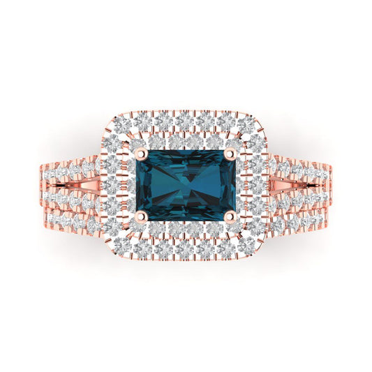 3.05 cttw Emerald Cut Natural London Blue Topaz Bridal Set - Solid Rose Gold Engagement Ring & Wedding Band