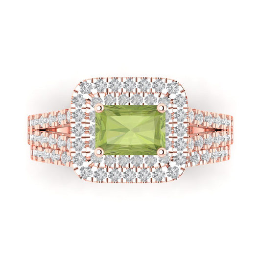 3.05 cttw Emerald Cut Natural Peridot Bridal Set - Solid Rose Gold Engagement Ring & Wedding Band