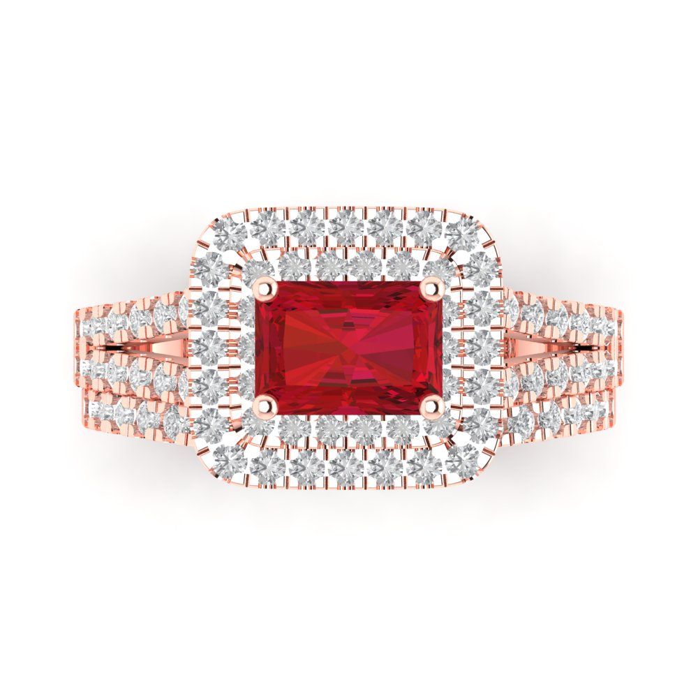 3.05 cttw Emerald Cut Simulated Ruby Bridal Set - Solid Rose Gold Engagement Ring & Wedding Band