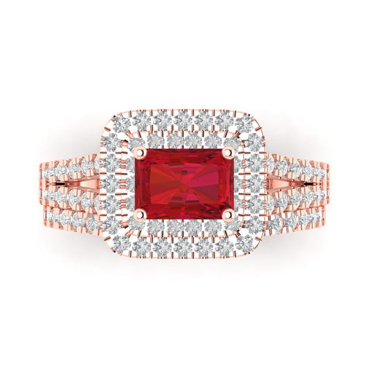 3.05 cttw Emerald Cut Simulated Ruby Bridal Set - Solid Rose Gold Engagement Ring & Wedding Band