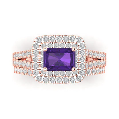 3.05 cttw Emerald Cut Natural Amethyst Bridal Set - Solid Rose Gold Engagement Ring & Wedding Band