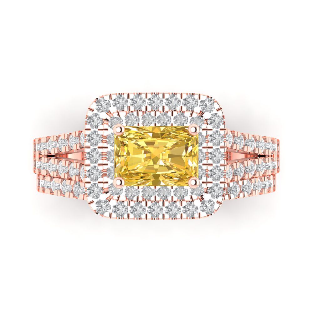 3.05 cttw Emerald Cut Simulated Yellow Diamond Bridal Set - Solid Rose Gold Engagement Ring & Wedding Band