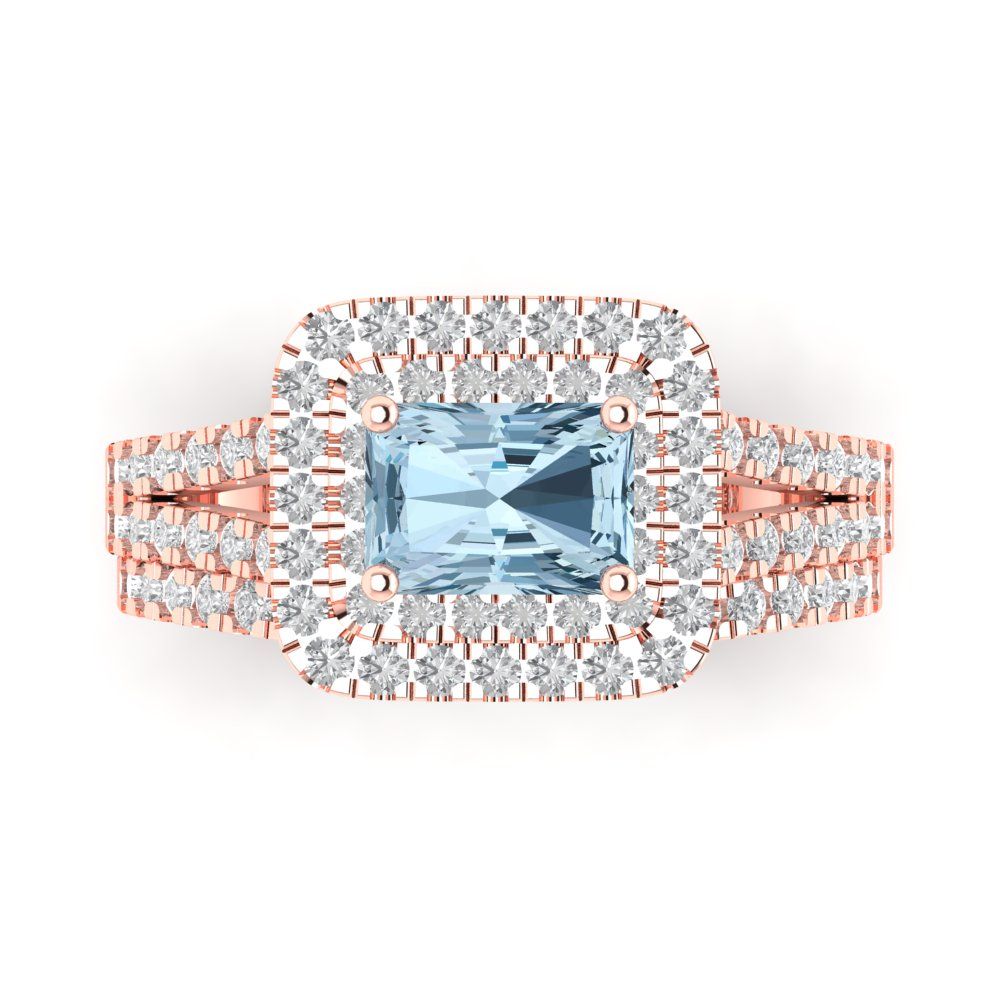 3.05 cttw Emerald Cut Natural Swiss Blue Topaz Bridal Set - Solid Rose Gold Engagement Ring & Wedding Band