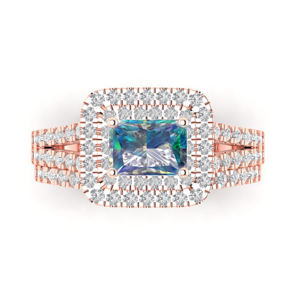 3.05 cttw Emerald Cut Blue Moissanite Bridal Set - Solid Rose Gold Engagement Ring & Wedding Band