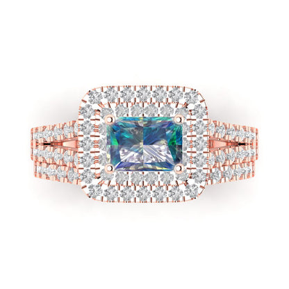 3.05 cttw Emerald Cut Blue Moissanite Bridal Set - Solid Rose Gold Engagement Ring & Wedding Band
