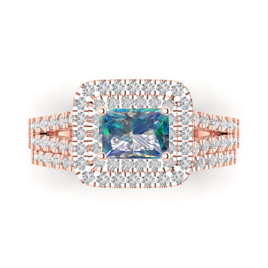3.05 cttw Emerald Cut Blue Moissanite Bridal Set - Solid Rose Gold Engagement Ring & Wedding Band