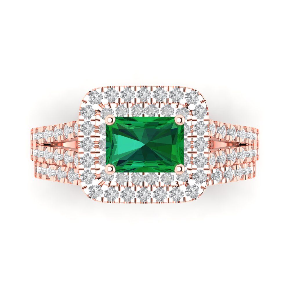3.05 cttw Emerald Cut Simulated Emerald Bridal Set - Solid Rose Gold Engagement Ring & Wedding Band