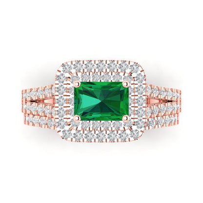3.05 cttw Emerald Cut Simulated Emerald Bridal Set - Solid Rose Gold Engagement Ring & Wedding Band