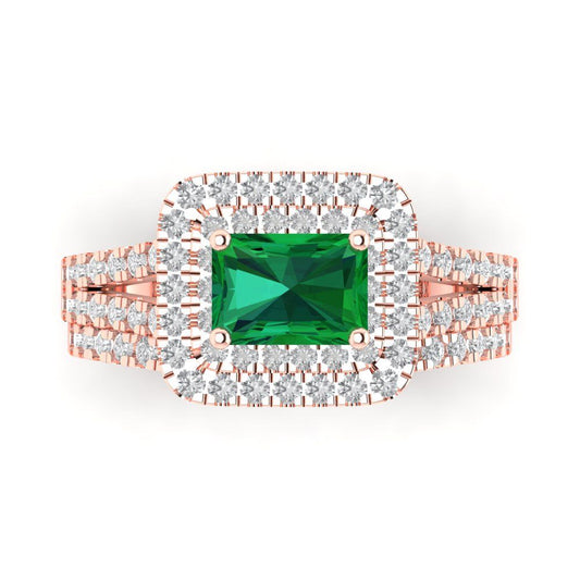 3.05 cttw Emerald Cut Simulated Emerald Bridal Set - Solid Rose Gold Engagement Ring & Wedding Band