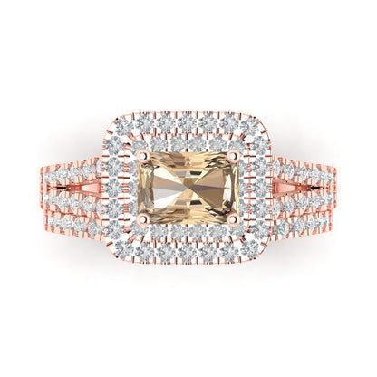 3.05 cttw Emerald Cut Yellow Moissanite Bridal Set - Solid Rose Gold Engagement Ring & Wedding Band