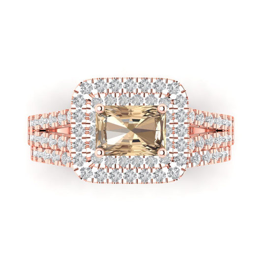3.05 cttw Emerald Cut Yellow Moissanite Bridal Set - Solid Rose Gold Engagement Ring & Wedding Band