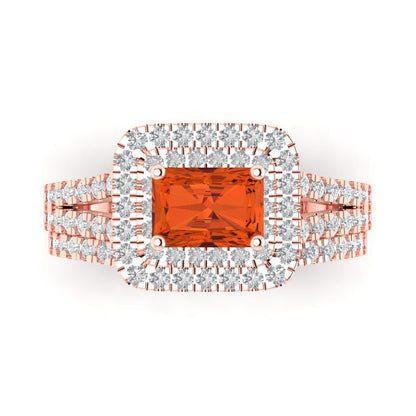 3.05 cttw Emerald Cut Simulated Red Diamond Bridal Set - Solid Rose Gold Engagement Ring & Wedding Band