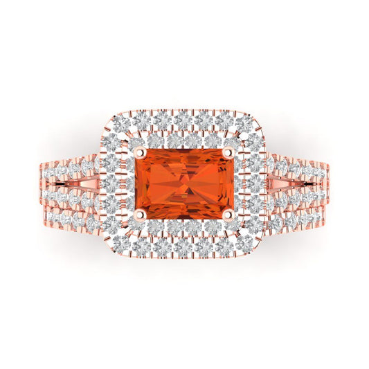 3.05 cttw Emerald Cut Simulated Red Diamond Bridal Set - Solid Rose Gold Engagement Ring & Wedding Band