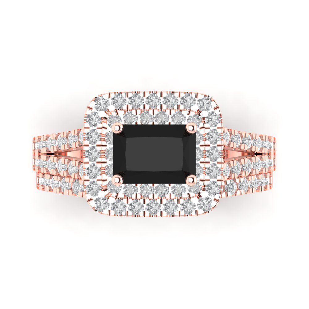 3.05 cttw Emerald Cut Natural Onyx Bridal Set - Solid Rose Gold Engagement Ring & Wedding Band