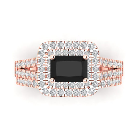 3.05 cttw Emerald Cut Natural Onyx Bridal Set - Solid Rose Gold Engagement Ring & Wedding Band