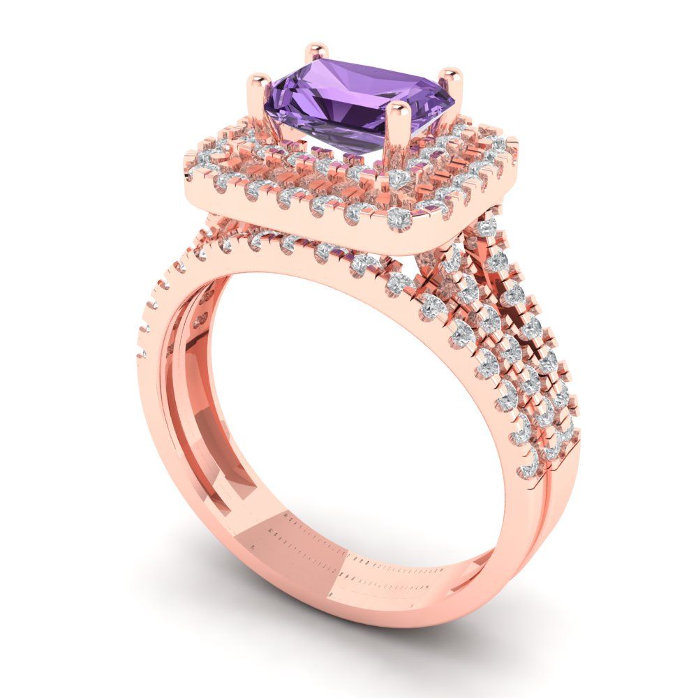 3.05 cttw Emerald Cut Simulated Alexandrite Bridal Set - Solid Rose Gold Engagement Ring & Wedding Band