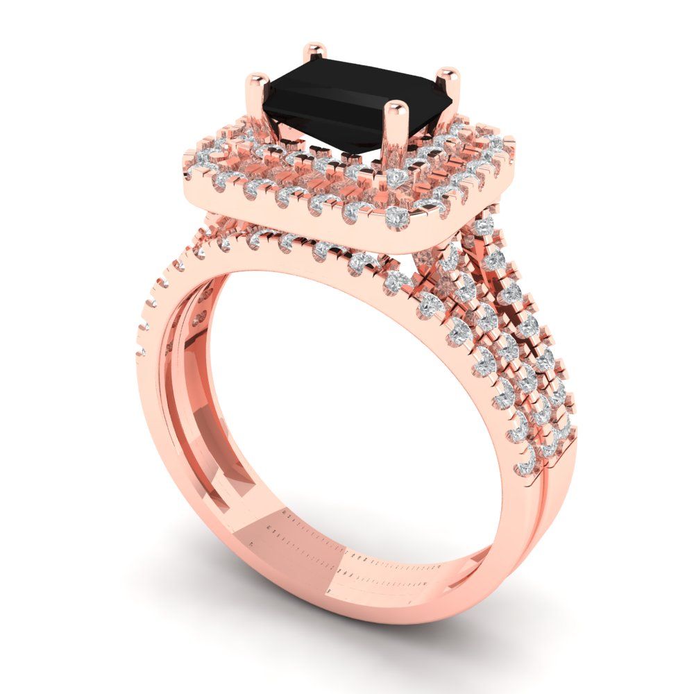 3.05 cttw Emerald Cut Natural Onyx Bridal Set - Solid Rose Gold Engagement Ring & Wedding Band