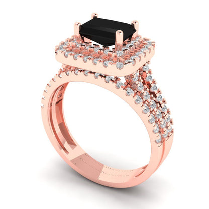 3.05 cttw Emerald Cut Natural Onyx Bridal Set - Solid Rose Gold Engagement Ring & Wedding Band