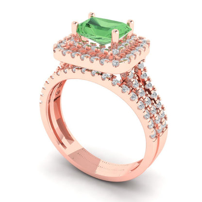 3.05 cttw Emerald Cut Simulated Green Diamond Bridal Set - Solid Rose Gold Engagement Ring & Wedding Band