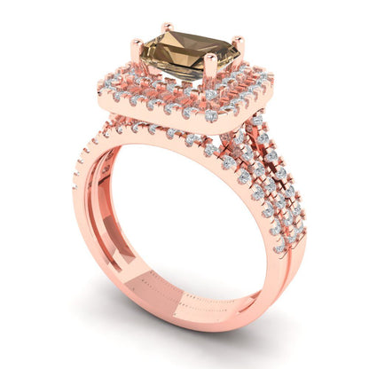 3.05 cttw Emerald Cut Simulated Champagne Diamond Bridal Set - Solid Rose Gold Engagement Ring & Wedding Band