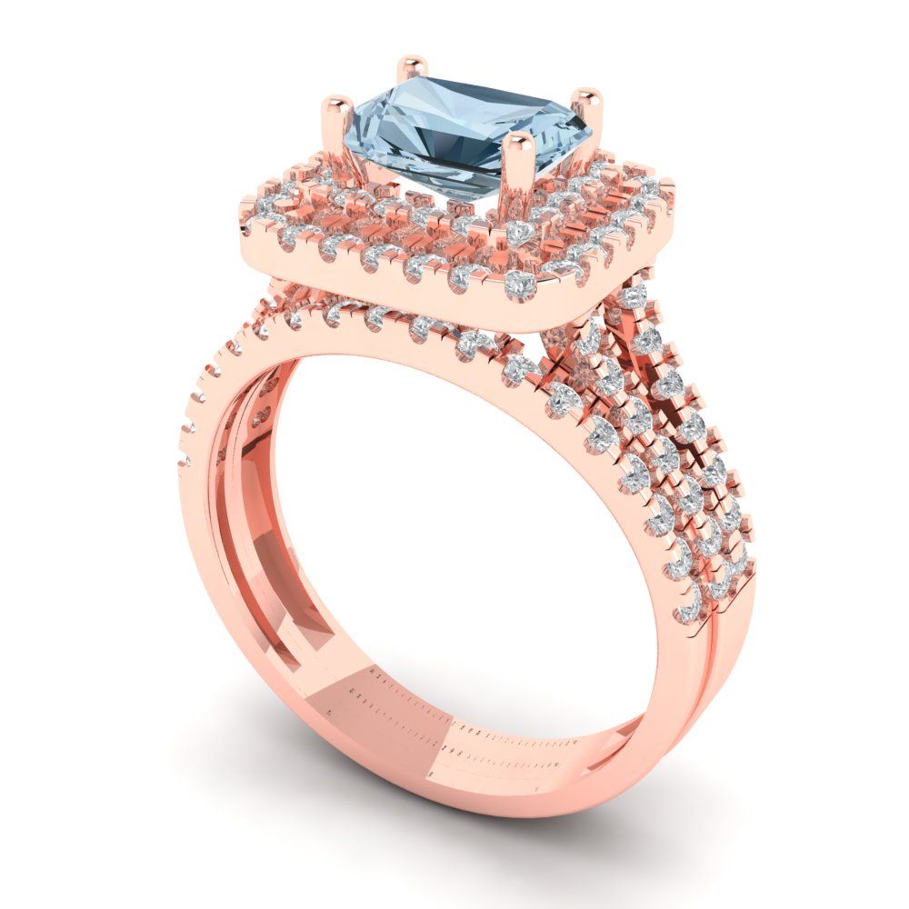 3.05 cttw Emerald Cut Natural Swiss Blue Topaz Bridal Set - Solid Rose Gold Engagement Ring & Wedding Band