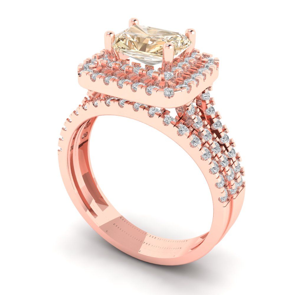 3.05 cttw Emerald Cut Natural Morganite Bridal Set - Solid Rose Gold Engagement Ring & Wedding Band
